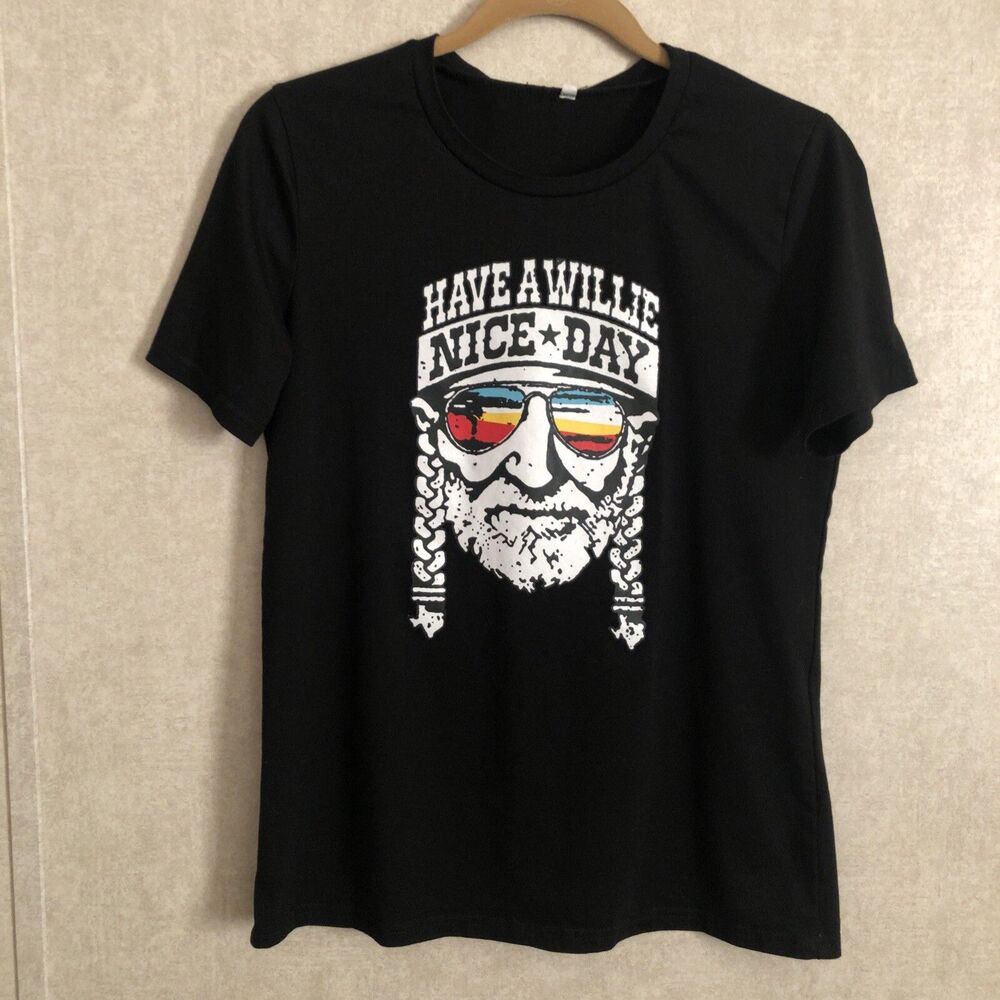 Willie Nelson "Have A Willie Nice Day" Woman's Blk T-Shirt SZ S EUC